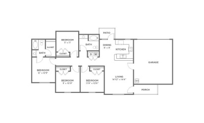 Juniper - 4 bedroom floorplan layout with 2 bath and 1408 square feet