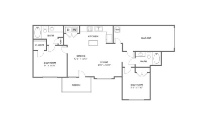 Oak - 2 bedroom floorplan layout with 2 bath and 1072 square feet
